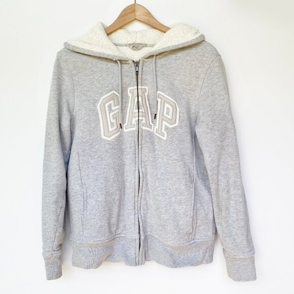 GAP Womens Gray Zip Up Hoodie Sherpa Lined Size M Logo Sweatshirt Warm - Picture 1 of 10